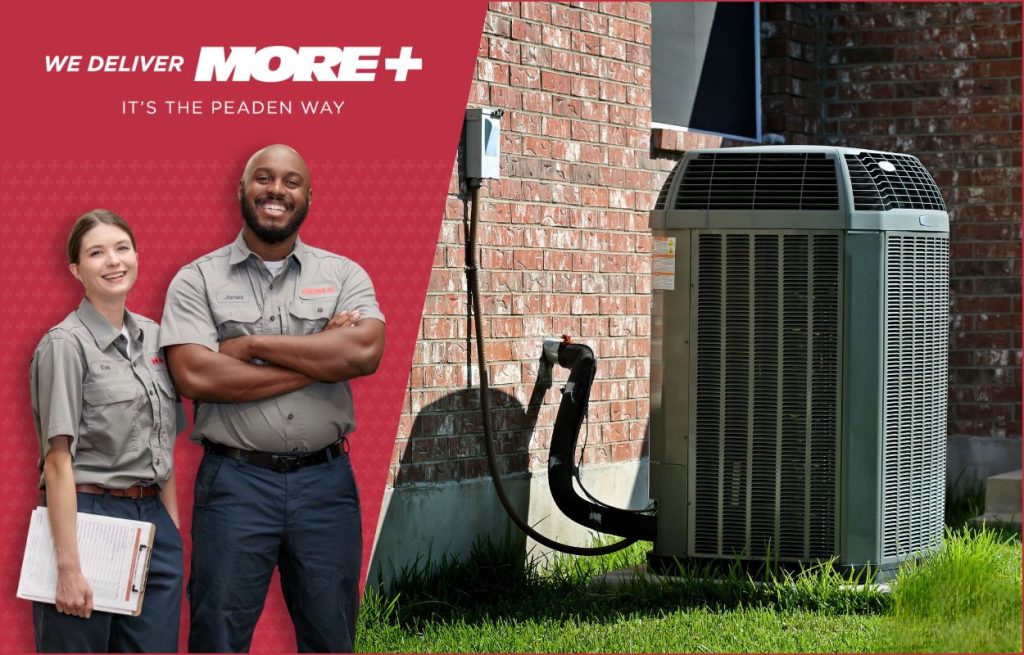 Two Peaden HVAC techs next to a correctly sized AC condenser unit.