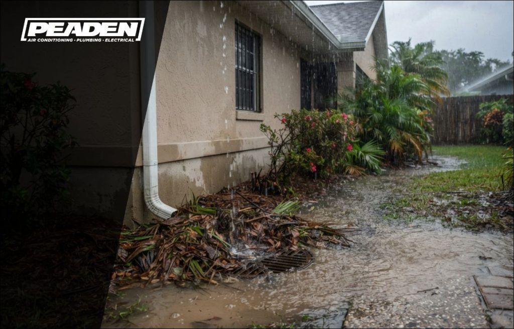 A clogged drain due to a rain storm.