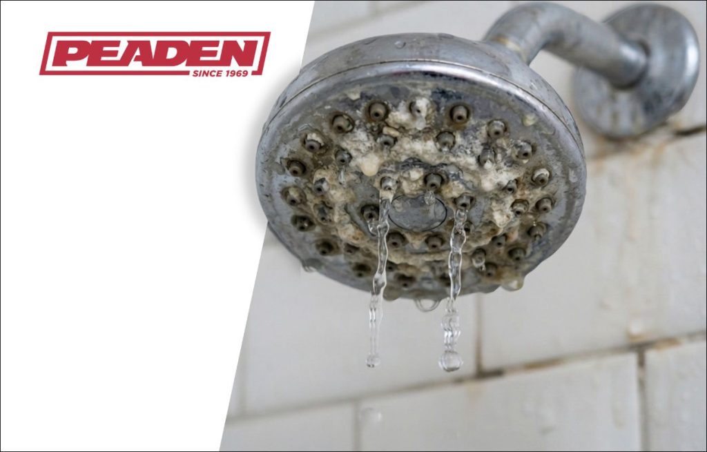 A showerhead with calcium build up on it.