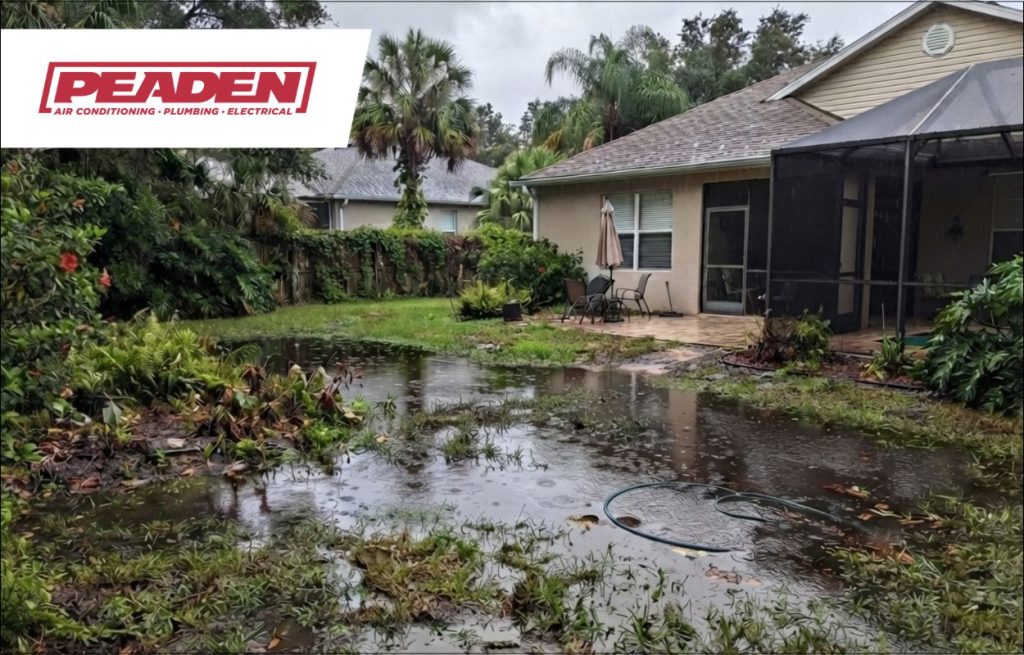 Pooling water on a residential lawn.