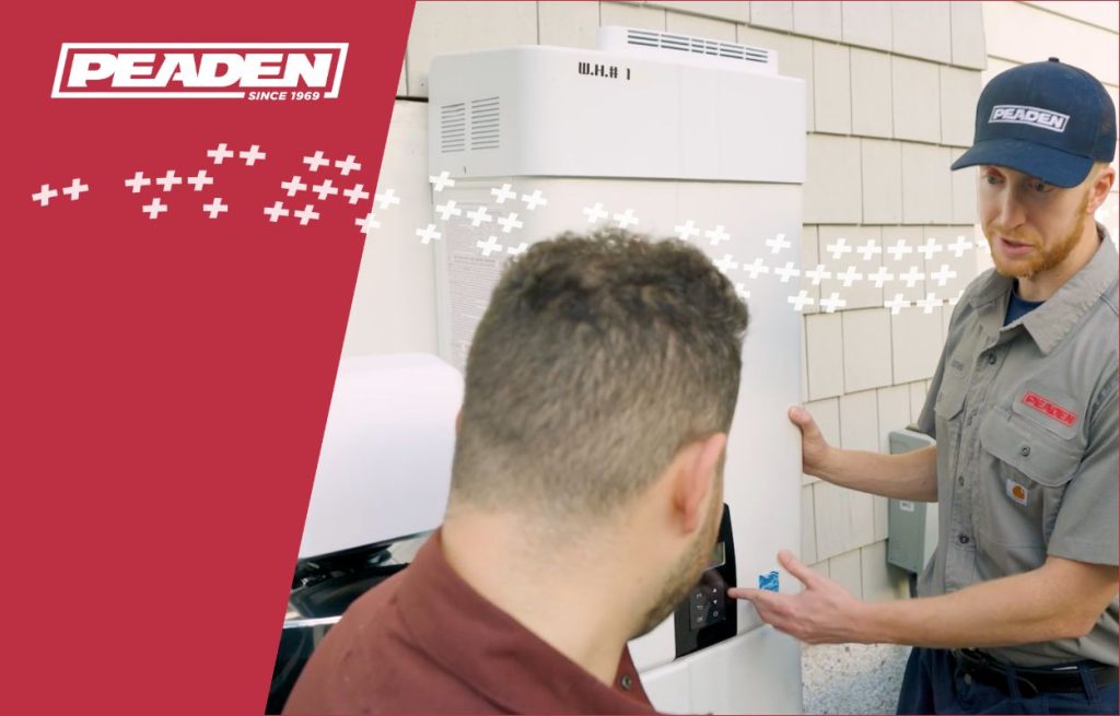 A Peaden plumber installing a tankless water heater.