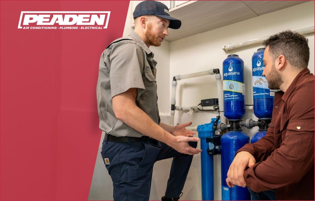 A Peaden plumber explaining water filtration to a client.