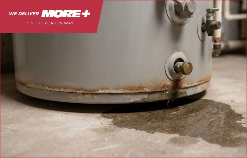 An older water heater with a slight leak.