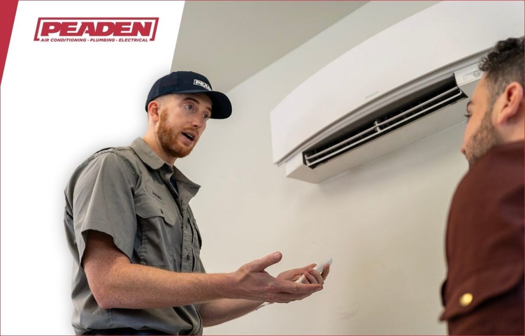 A Peaden HVAC discussing a Mini Split AC unit with a homeowner.